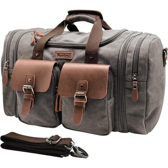 50L Travel Duffel Bag, Expandable Canvas Genuine Leather Duffle Bag Upgraded